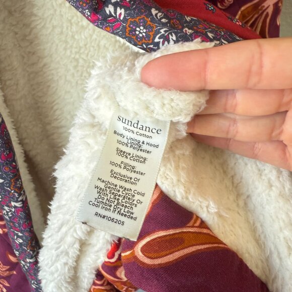 Sundance Linnea Robe Jacket Patchwork Sherpa Lined Boho Multicolor Floral Hooded - Picture 7 of 8